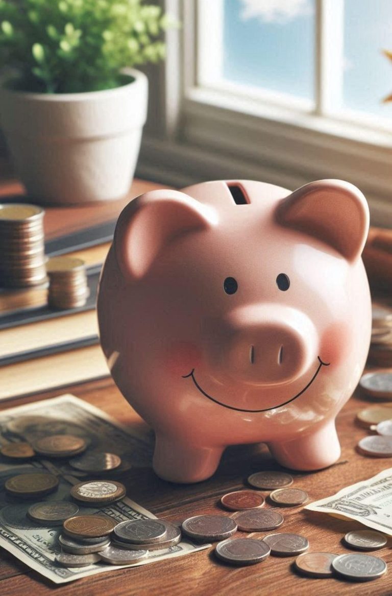 Ein rosa Sparschwein steht auf einem Tisch, umgeben von Münzen und Geldscheinen.