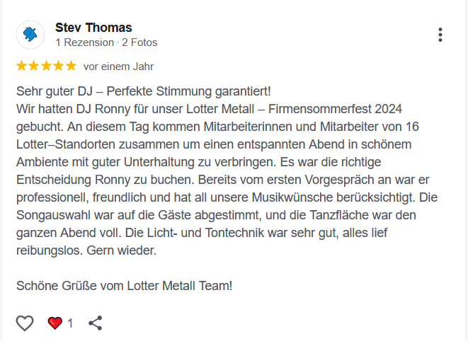 Google Bewertung DJ Ronny LE. 3 Eine positive Bewertung über DJ Ronny LE., der bei einer Firmenveranstaltung aufgetreten ist.