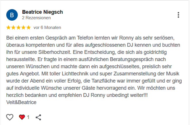 Google Bewertung DJ Ronny LE. 7 Bewertung über DJ Ronny LE. mit persönlichem Bezug und Musikinteresse. Positives Feedback.