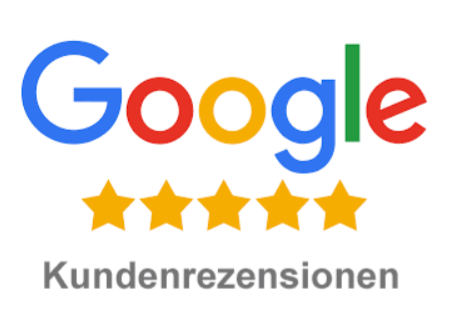 Fünf goldene Sterne mit der Aufschrift "Google Kundenrezensionen".