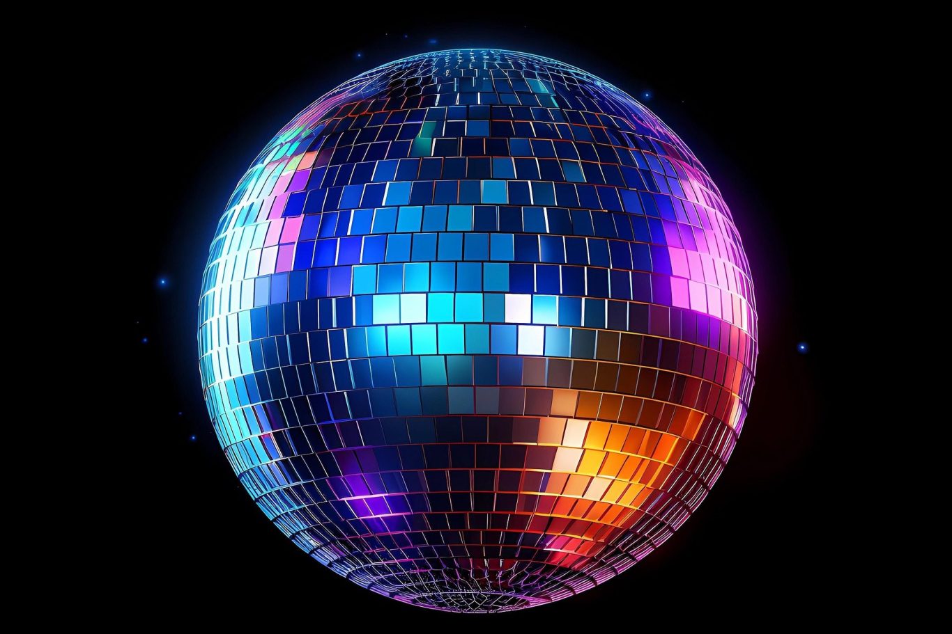 Diskokugel DJ Ronny LE. Glitzernde Discokugel mit buntem Licht auf schwarzem Hintergrund.