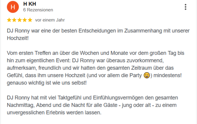 Google Bewertung DJ Ronny LE. 2 Bewertung einer Veranstaltung mit DJ Ronny LE. bei einer Hochzeit, positive Erfahrungen und Stimmung.