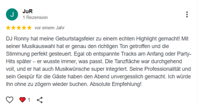 Google Bewertung Dj Ronny LE. 8 Bewertung für DJ Ronny LE. mit positiven Kommentaren zur Atmosphäre und zur Dienstleistung